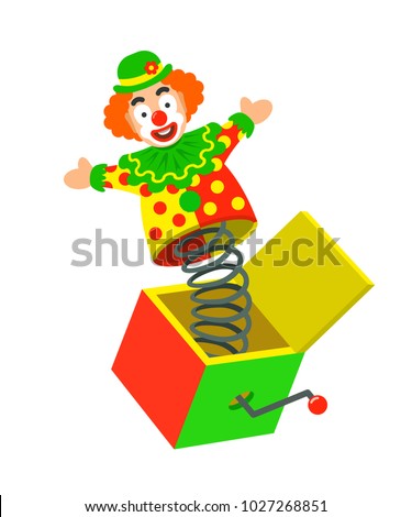 Toy circus clown on a spring jumping out of a box. Surprise joke for April Fools day. Jack in a box toy. Prank toy for kids. Carnival vector cartoon illustration