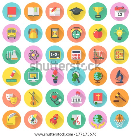 Round vector flat school subjects icons for education with long shadows