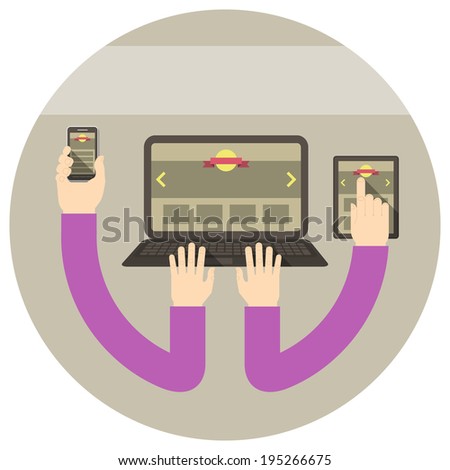 Conceptual round illustration of responsive web design with laptop, tablet and smart phone connected with hands