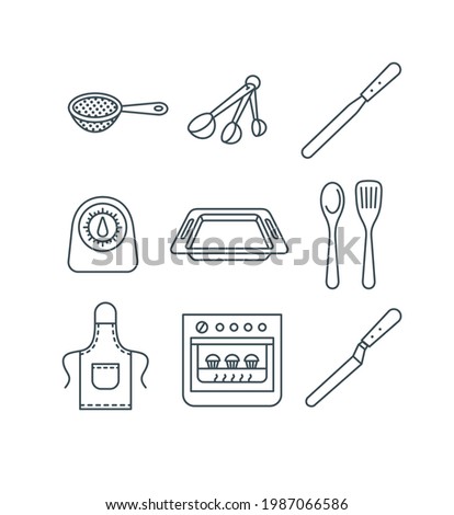 Home baking tools. Flat vector thin line icons. Essential kitchen equipment for homemade pastry cooking. Outline pictograms of sift, measuring spoons, knife, oven, pan, timer, spatula, apron Сток-фото © 