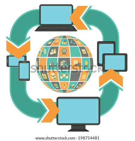 Conceptual illustration of responsive web design by computer, laptop, tablet, smart phone with social networking icons in the form of sphere