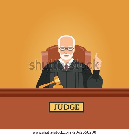 Judge mature man in courtroom at tribunal with gavel points finger up pronouncing judgment. Judicial cartoon background. Civil and criminal cases public trial. Flat vector concept