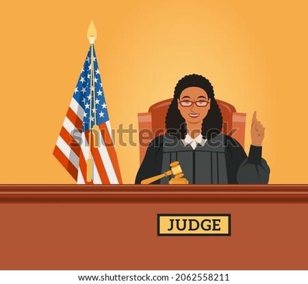 Judge black woman in courtroom at tribunal with gavel and American flag points finger up pronouncing judgment. Judicial cartoon background. Civil and criminal cases public trial. Flat vector concept