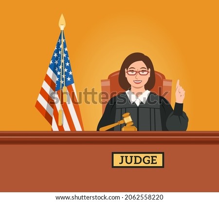 Judge woman in courtroom at tribunal with gavel and American flag points finger up pronouncing judgment. Judicial cartoon background. Civil and criminal cases public trial. Flat vector concept