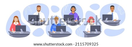 Call center customer care operators with headsets at the desks. Flat vector illustration. Friendly customer support service agents, men and women, talking with clients. Contact center assistants