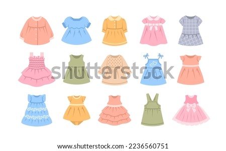 Baby girl dresses color flat icons. Different dresses and sundresses with long and short sleeve, for everyday and special occasion. Simple colorful pictograms of children cloth. Little girl wardrobe