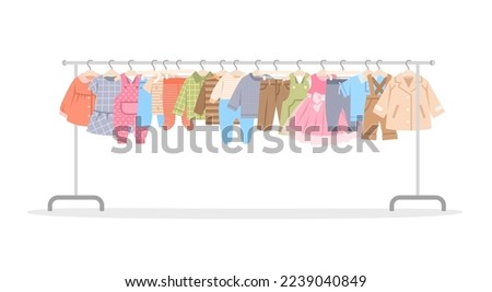 Baby clothes on a long shop hanger rack. Little boy and girl different garments hanging on store hanger stand. Children dresses, shirts, pants and coat. Flat cartoon illustration. Sale or second hand