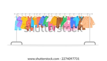 Baby clothes on a long shop hanger rack. Little boy and girl different garments hanging on store hanger stand. Children dresses, shirts, pants and coat. Flat cartoon illustration. Sale or second hand
