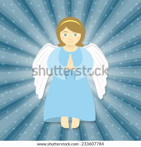 Vector cartoon illustration of flying angel with the hands folded in prayer, smiling in the rays of light on a starry background. Christmas character. Religious symbol.