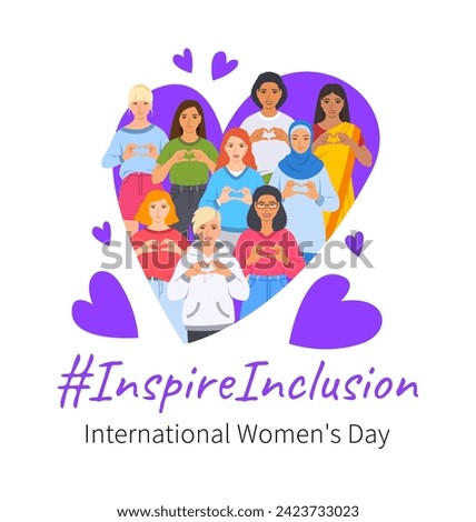 Inspire inclusion campaign pose. International Women's Day 2024 theme banner. Smiling diverse women make heart symbol with hands to stop discrimination and stereotypes. Gender equal inclusive world