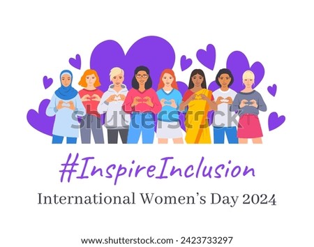 Inspire inclusion campaign pose. International Women's Day 2024 theme banner. Smiling diverse women make heart symbol with hands to stop discrimination and stereotypes. Gender equal inclusive world