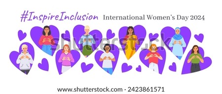 Inspire inclusion campaign pose. International Women's Day 2024 theme banner. Smiling diverse women make heart symbol with hands to stop discrimination and stereotypes. Gender equal inclusive world