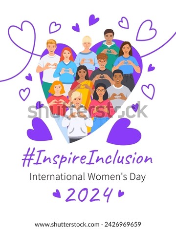 Inspire inclusion campaign pose. International Women's Day 2024 theme poster. Diverse women and men make heart symbol with hands to stop discrimination and stereotypes. Gender equal inclusive world