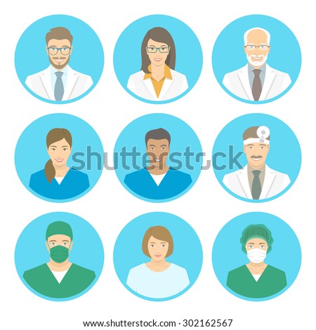 Medical clinic staff flat avatars of doctors, nurses, surgeon, assistant, patient. Vector round portraits, account profile pictures, male and female. Hospital personnel multiracial faces