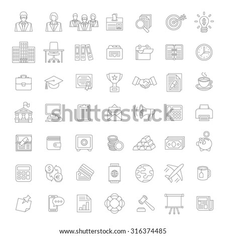 Set of modern flat thin line business icons for such topics as finance, marketing, accounting, money, banking, management, analysis, office staff, supplies etc. Web design, infographics elements