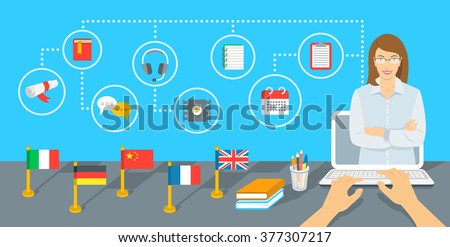 Online Internet language courses flat vector infographic element. Foreign speech study using computer. English teacher with education icons and flags of different countries standing on a table