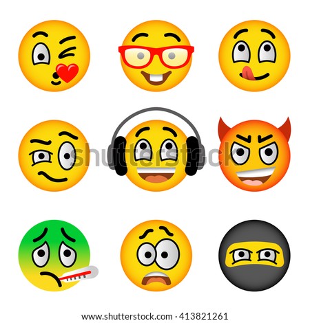 Emoji emoticons. Smiley face flat vector icons set. Facial emotions and expression symbols. Cute cartoon illustrations of mood and reactions for text chat and web messenger. Yellow ball character