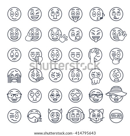 Emoji emoticons. Smiley face thin lines flat vector icons set. Different  facial emotions and expression linear symbols. Cute ball cartoon character mood and reactions for text chat and web messenger