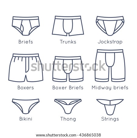 Male underwear types flat thin line vector icons set. Man briefs fashion styles linear collection. Front view. Underclothes infographic elements. Classic boxers, trunks, bikini, strings, thong
