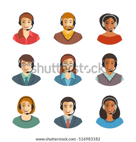 Call center agents flat avatars. Live chat operators, guys and girls smiling faces. Online customer support service assistants with headphones. Help desk Caucasian, African, Asian consultants