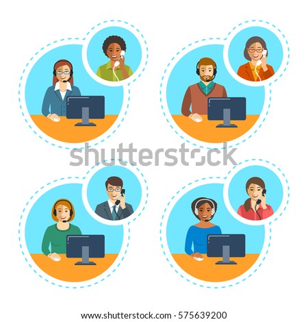 Call center agents team talking on the phone with customers. Flat vector banners. Customer care operators. Online technical support service assistants with headphones.
