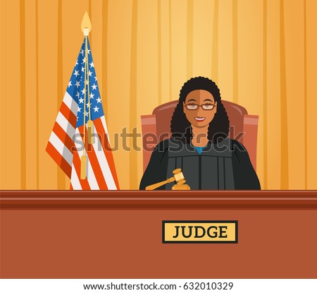 Judge black woman in courtroom at tribunal with gavel and american flag. Judicial cartoon background. Civil and criminal cases public trial. Vector flat illustration.