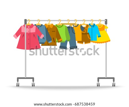 Kids clothes on hanger rack. Flat style vector illustration. Casual little children apparel hanging on shop rolling display stand. Boys and girls outfit fashion collection. Store sale concept