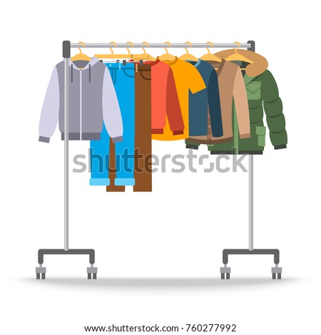 Men casual warm clothes on hanger rack. Flat style vector illustration. Male apparel hanging on shop rolling display stand. Winter and autumn outfit new fashion collection. Seasonal sale concept