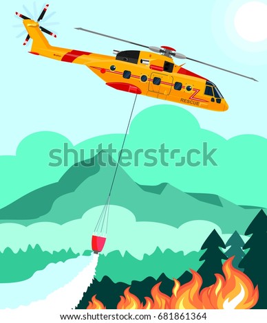 Rescue helicopter extinguishes the fire forest with water bucket vector illustration