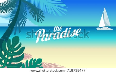 Cruise yacht and a Paradise in the ocean beach with palm trees and white Sands Sea resort Paradise island. Turquoise water ocean, banner, poster vector illustration