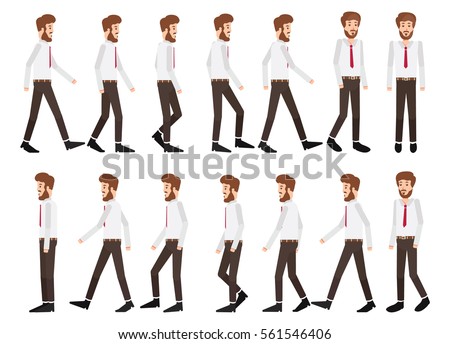 Collection set of Walking businessman. sprite frame loop. Walk. Active. Variety of movements. Flat Character cartoon style. front view, haft front view, Side view. Simple design. Vector