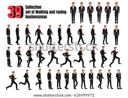 Collection set of Walking and running businessman. sprite frame loop. Walk.run. Active. Variety of movements. Flat Character cartoon style. front view, haft front view, Side view. Vector.