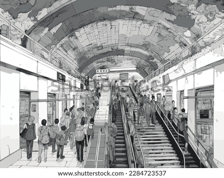 2d vector illustration black and white manga style tokyo metro station with people