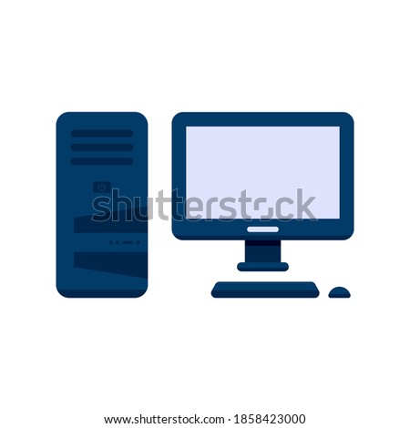 Computer icon in flat style. Monitor, system unit, mouse, keyboard. Org appliances on an isolated white background. Vector stock illustration.