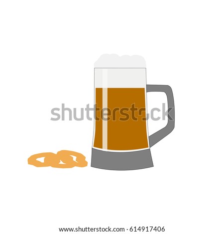 Mug of beer with foam and onion rings on a white background