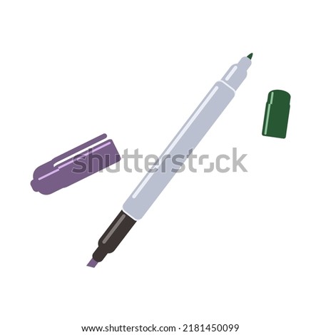 Fine liner, sharp marker, felt tip pen on white background. Double-end fineliners. Drawing stick tool. Art supplies, stationery. Vector illustration  