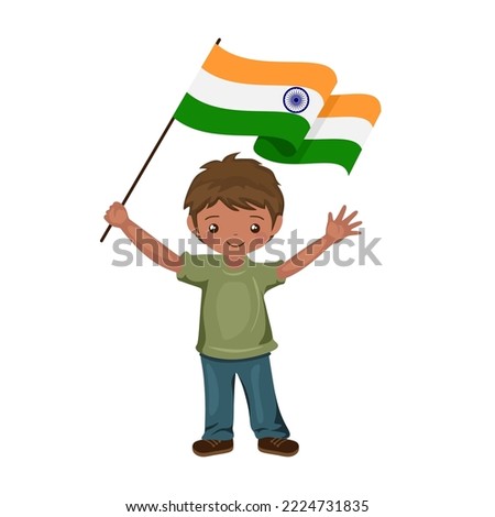 Boy with the flag of India, a beautiful little child holds the flag of India in his hand in flat style. vector illustration
