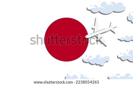 Japan travel concept. Airplane with clouds on the background of the flag of Japan. Vector illustration