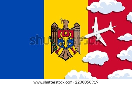 Moldova travel concept. Airplane with clouds on the background of the flag of Moldova. Vector illustration