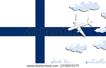 Finland travel concept. Airplane with clouds on the background of the flag of Finland. Vector illustration