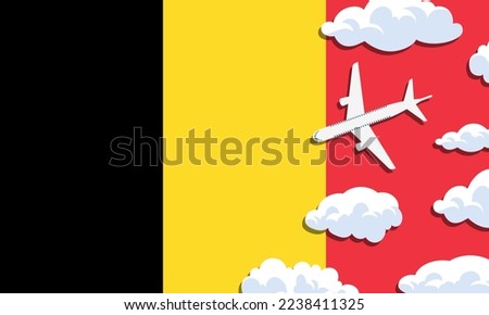 Belgium travel concept. Airplane with clouds on the background of the flag of Belgium. Vector illustration