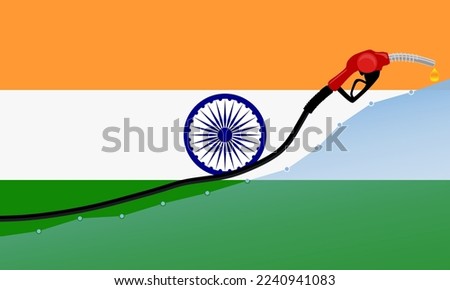 Rise in gasoline prices concept in India. Gasoline fuel pump nozzle with drop oil on India flag background. Growth bar chart prices. vector illustration