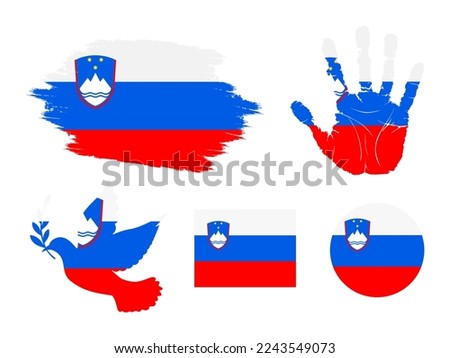 Slovenia flag set, flag of Slovenia collection. Flag in grunge, Dove, Handprint, square and round shape. vector illustration