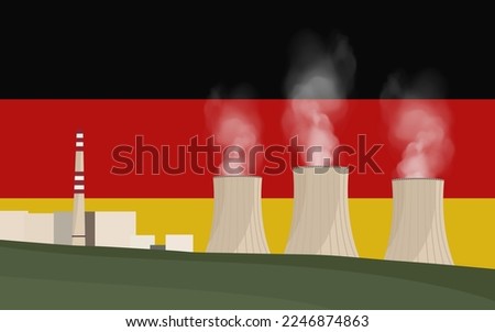 Nuclear power plant in Germany. Electricity generation production. Power station on Germany flag background. Nuclear power stations vector illustration