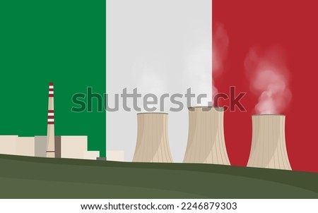 Nuclear power plant in Italy. Electricity generation production. Power station on Italy flag background. Nuclear power stations vector illustration