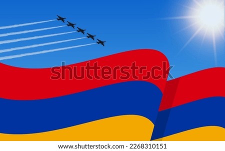 Flag of Armenia and a fighter plane formation flying in the sky. 21th September Independence day Armenia. Military aviation in the blue sky. Vector illustration