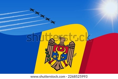 Flag of Moldova and a fighter plane formation flying in the sky. 27th August Independence day Moldova. Military aviation in the blue sky. Vector illustration