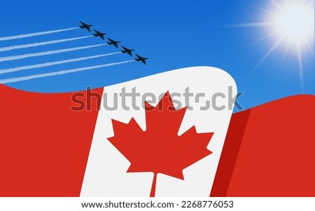 Flag of Canada and a fighter plane formation flying in the sky. Independence day Canada. Military aviation in the blue sky. Vector illustration