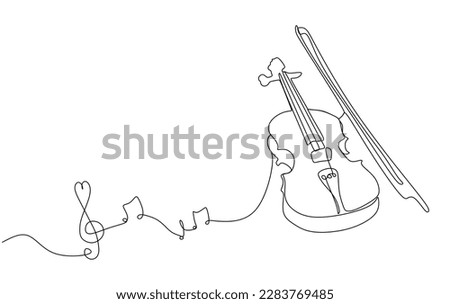 Continuous line drawing of Violin with notes. One line drawing Violin. Musical instrument for decoration, design, banners, festival invitations, music shop. Stringed music instruments concept. Vector