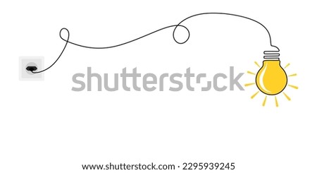 Continuous line drawing light bulb connected in a socket with a plug. One line luminous light bulb isolated on white background. Hand drawn creative idea. Vector illustration